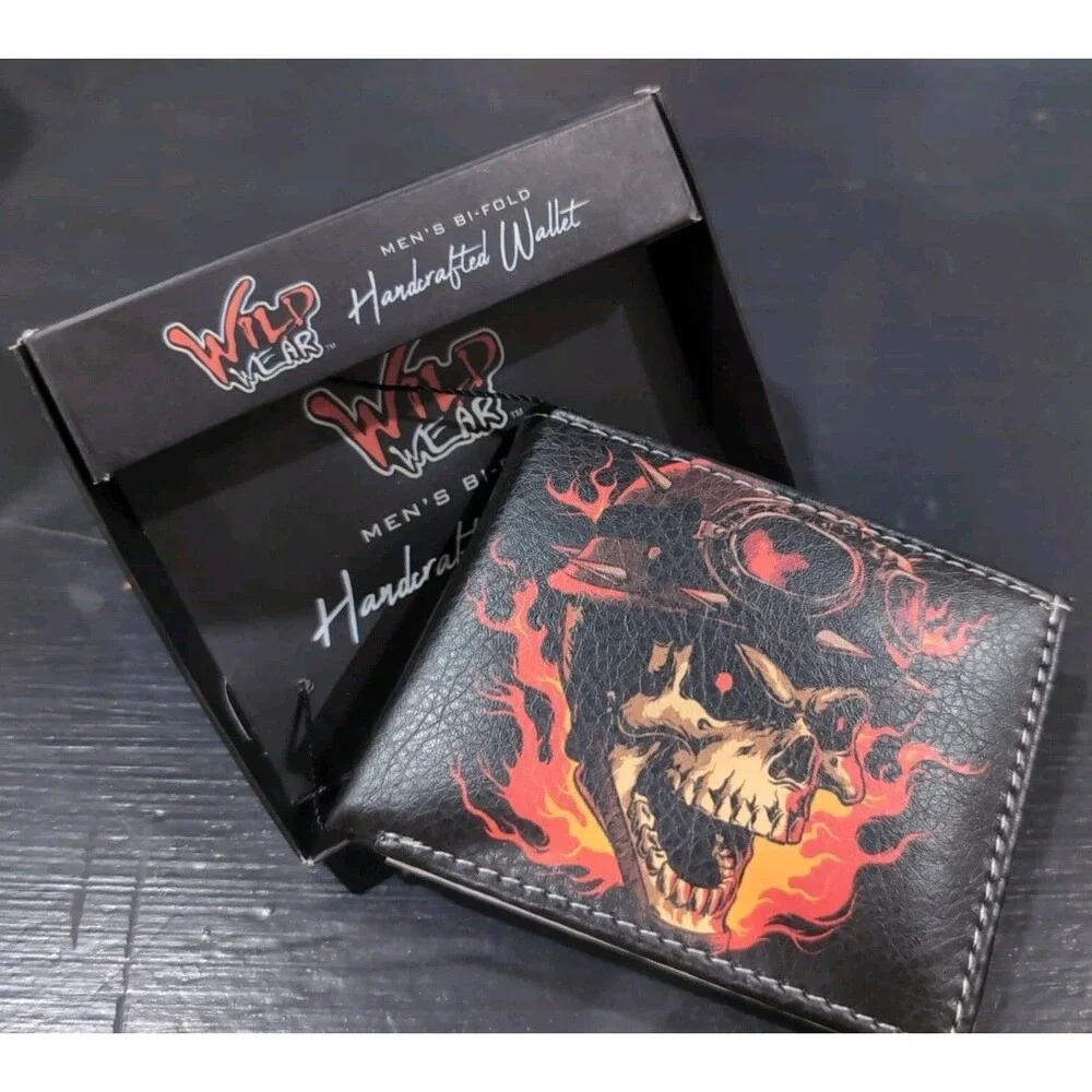 Wild Wear Men’s Bifold Wallet Skull Flames Soldier